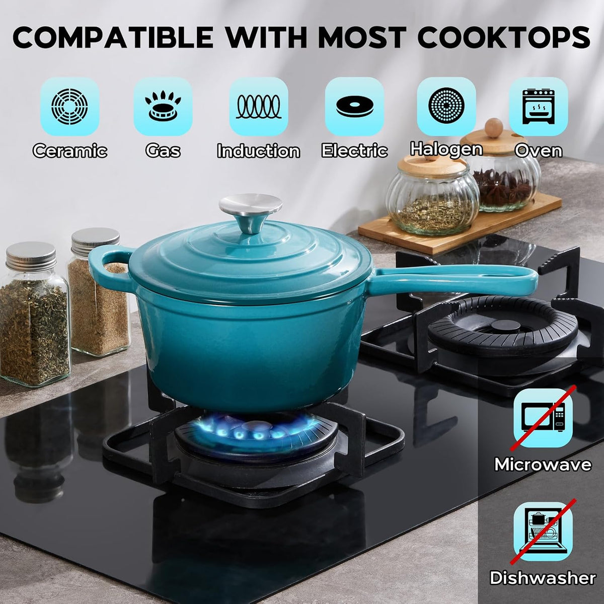 1QT Saucepan with Lid, Onader Enameled Cast Iron Sauce Pan, Small Cast Iron Pot for Cooking, Enameled Dutch Oven Nonstick & Heavy Duty – Dark Cyan