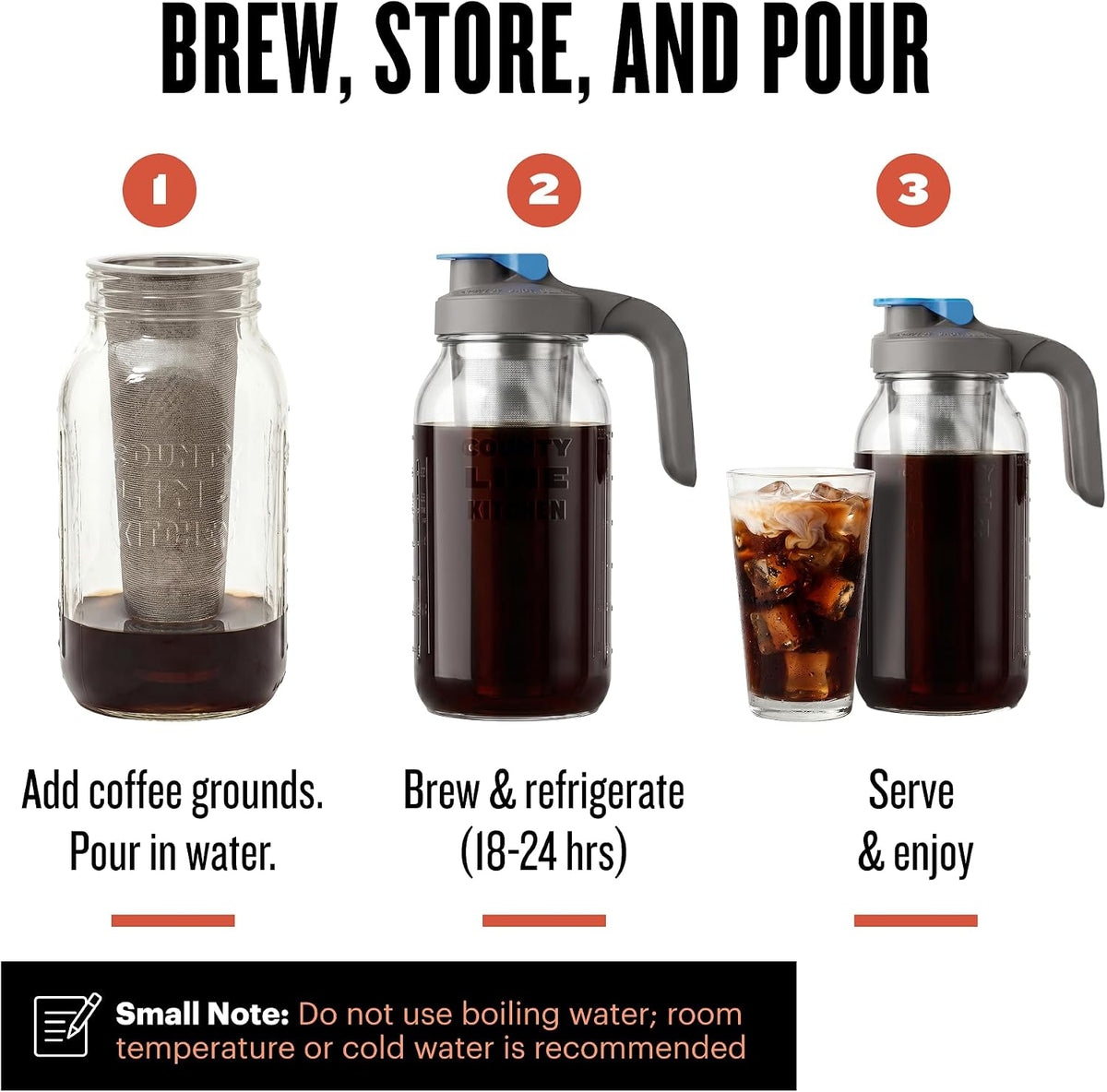 County Line Kitchen 64oz Cold Brew Coffee Maker with Leak Proof Lid - Gray | Glass Cold Brew Coffee Maker - Wide Mouth Mason Jar, Stainless Steel Filter &amp; Leak-Proof Lid (64 oz)