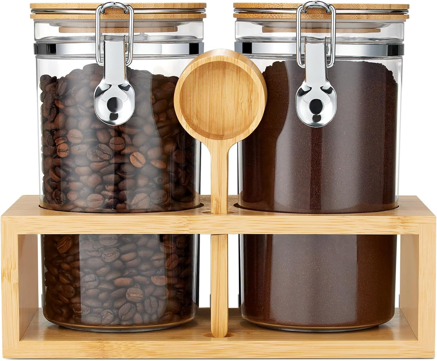 Yangbaga Coffee Container with Shelf: 2P 38OZ Plastics Airtight Coffee Jar | Coffee Canister w/Scoop - Kitchen Food Storage Jar for Ground Coffee/Tea/Sugar/Cereal/Nuts/Coffee Bar