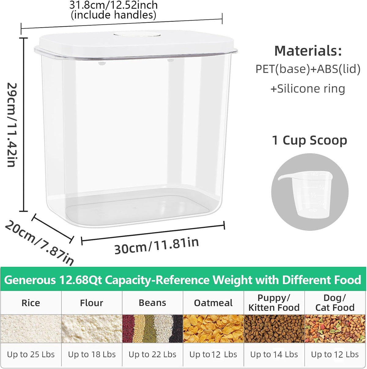 Airtight Rice Container 25 Lbs with Handle and Cup