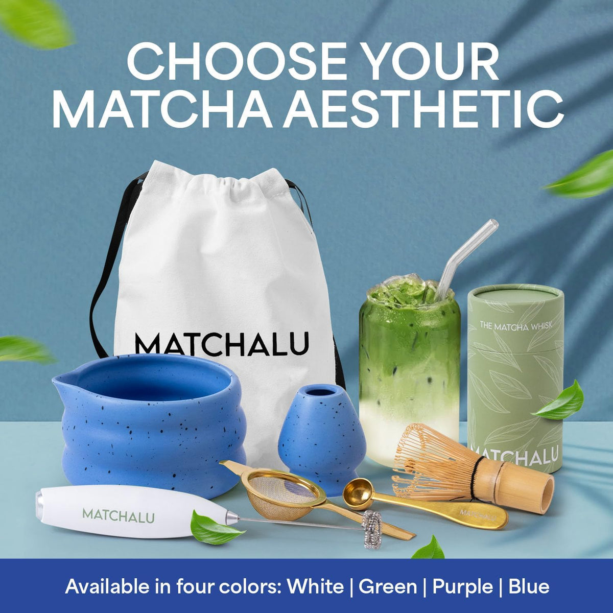 Matcha Whisk Set With Ceramic Matcha Bowl, Bamboo Whisk &amp; Holder, Stainless Steel Spoon &amp; Sifter, Glass Cup &amp; Straw, Electric Frother, Storage Bag - Gift for Matcha Lovers (Premium 9-Piece Set Blue)