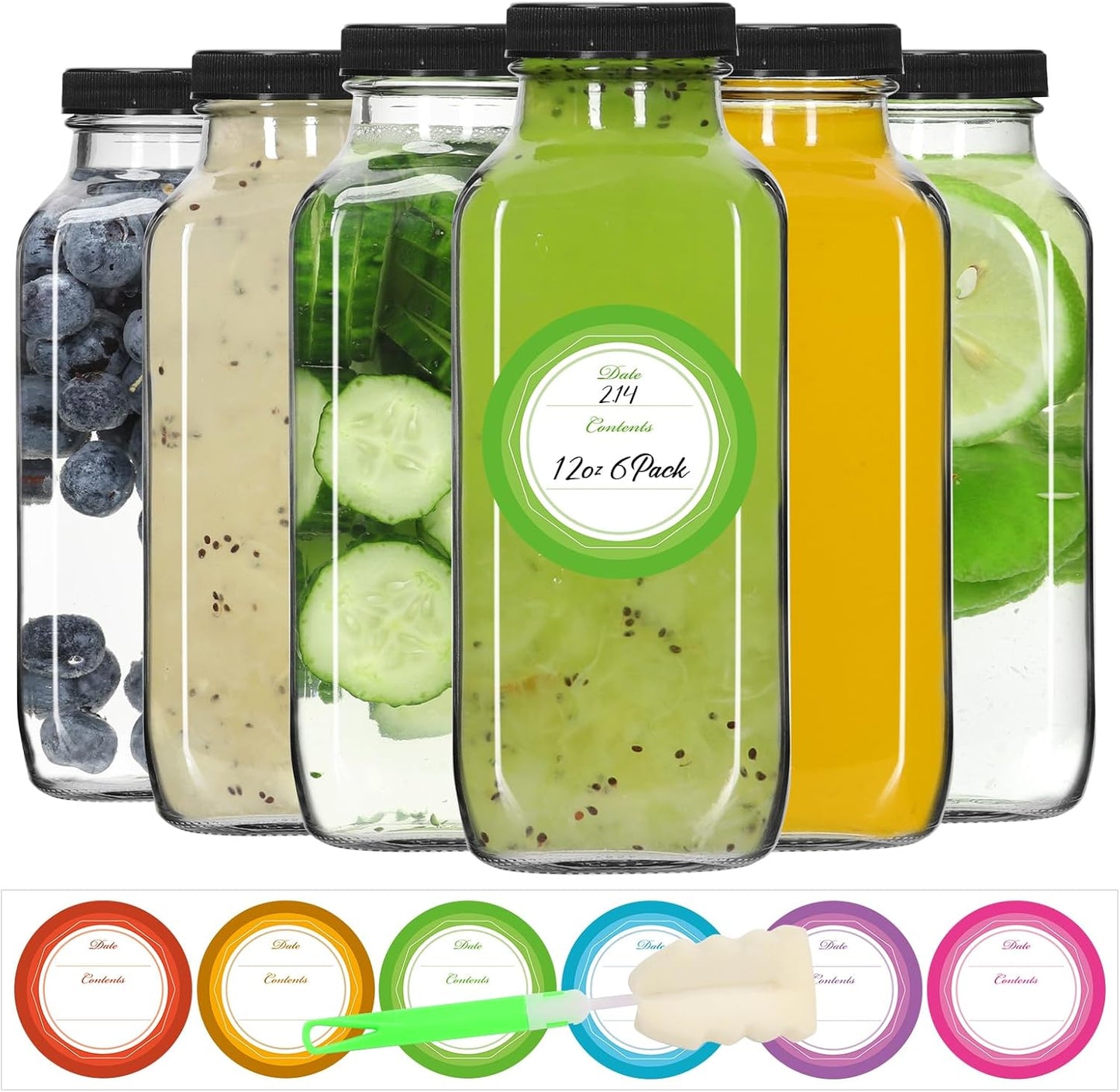 STARSIDE 12 oz Glass Juice Bottles with Lids 6 Pack - Square Reusable Drinking Jars for Juicing, Mil