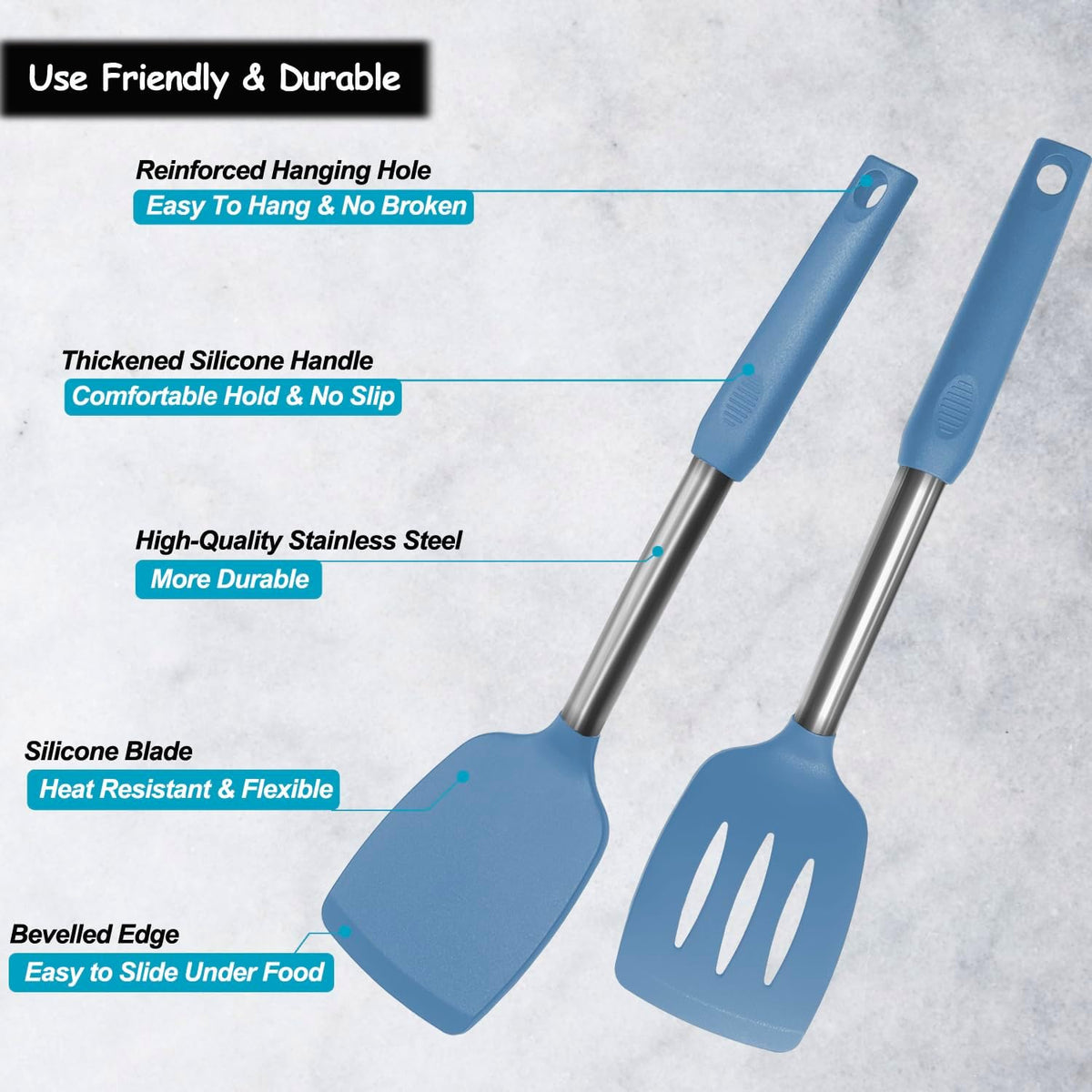Silicone Spatula and Cooking Spoon,5 Pack Solid & Slotted Spoons and Spatulas High Heat resitant for Kitchen, Stainless Steel Handle Coated with Silicone, Non Stick Utensil, Starry blue