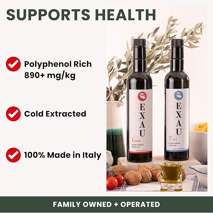EXAU Italian Extra Virgin Olive Oil Set - Due2, 897 mg/kg Polyphenol Rich Olive Oil From Italy, Non-GMO, Early Harvest First Cold Pressed for Drinking and Cooking, 2 Pack 16.9 Fl Oz (1L)