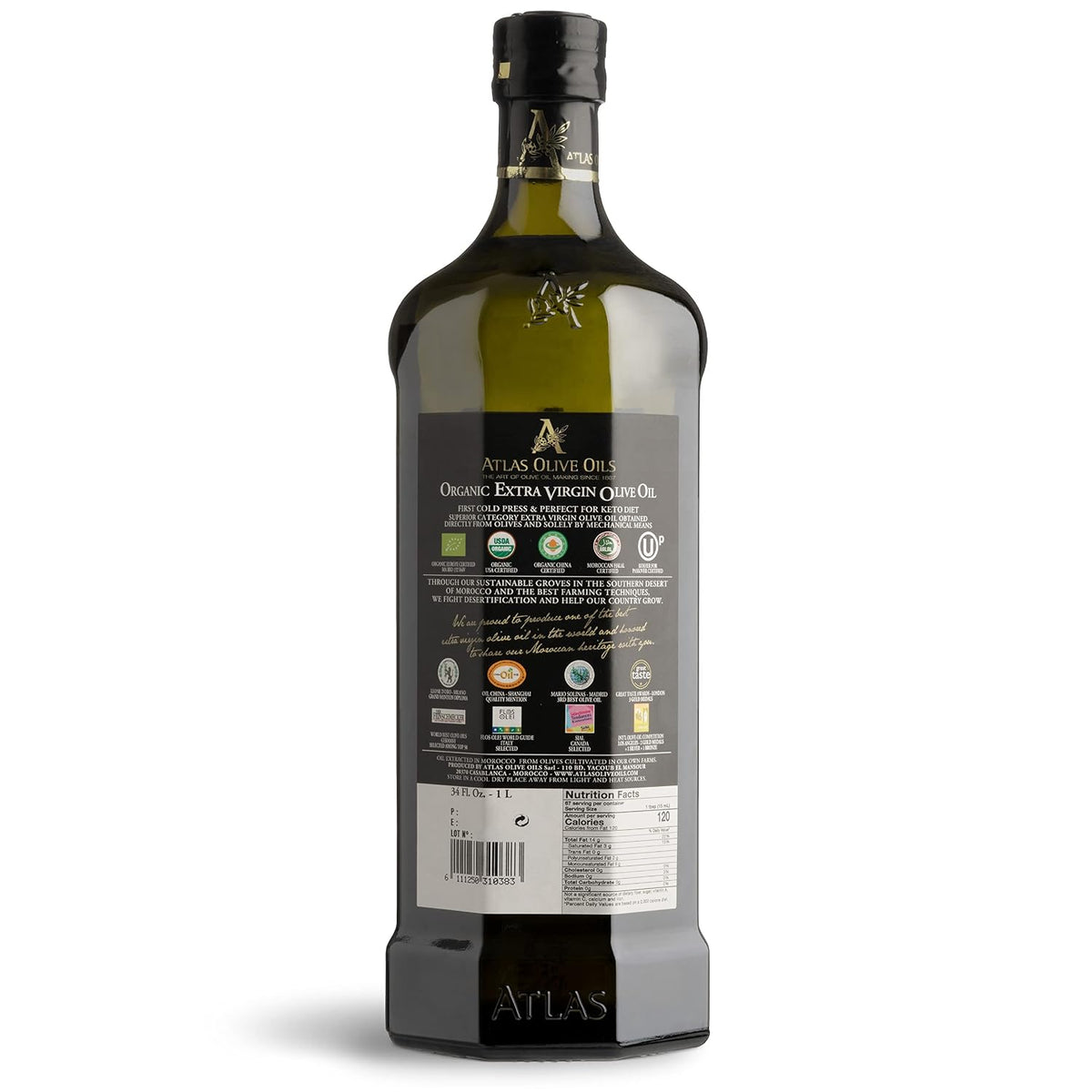 Atlas Organic Extra Virgin Olive Oil, Moroccan, High Polyphenol, 1 L | Cold Pressed EVOO With High Smoke Point, Trusted By Award-Winning Chefs, One Family Farm, Polyphenol-Rich &amp; Smooth Finish