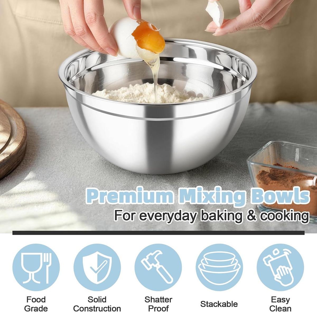 TeamFar Mixing Bowls, Stainless Steel Nesting Salad Bowls &amp; Airtight Lids