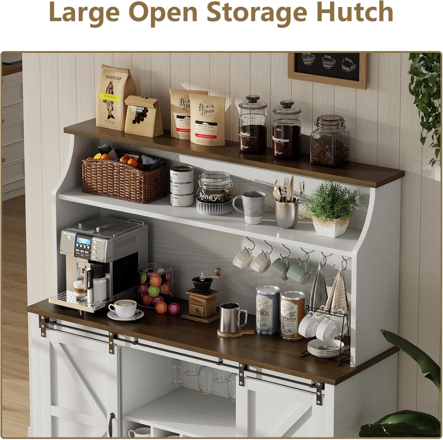 55 Inch Farmhouse Coffee Bar Cabinet with 3-Tier Enclosed Storage Cabinet, Kitchen Hutch with 12 Wine Racks & 3 Glass Holders, Coffee Bar with 6 Hooks, Wood Furniture for Dining Living Room, White