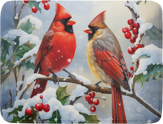 Winter Cardinal Birds Dish Drying Mat, Holly Berry Branches Dish Drying Mat for Kitchen Counter, Red Birds Absorbent Fast