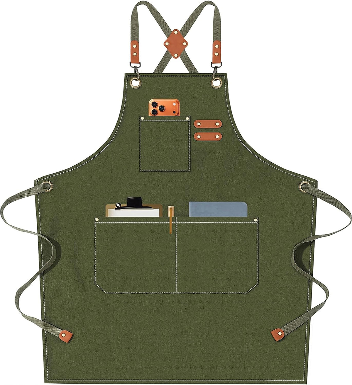 AFUN Chef Aprons for Men Women with Oversized Pockets, 16-Ounce Cotton Canvas Cross Back Heavy Duty Work Apron (Army Green)