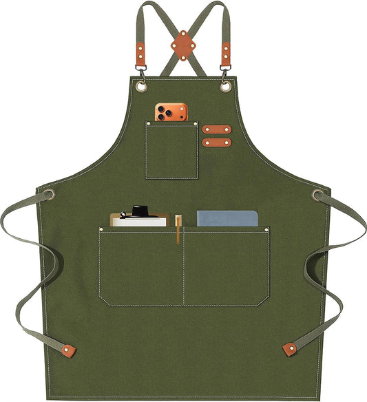 AFUN Chef Aprons for Men Women with Oversized Pockets, 16-Ounce Cotton Canvas Cross Back Heavy Duty Work Apron (Army Green)