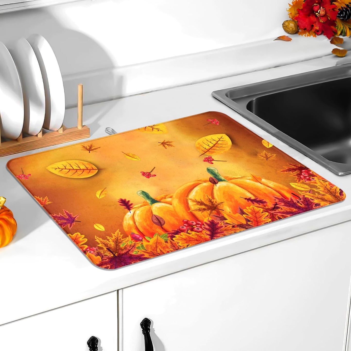 Harvest Pumpkin Maple Leaf Dish Drying Mat for Kitchen Counter, Absorbent Drying Mat with Autumn Fall Leaves, Kitchen Countertop Protector, Farmhouse Coffee Bar Decor, 18 x 24 Inch