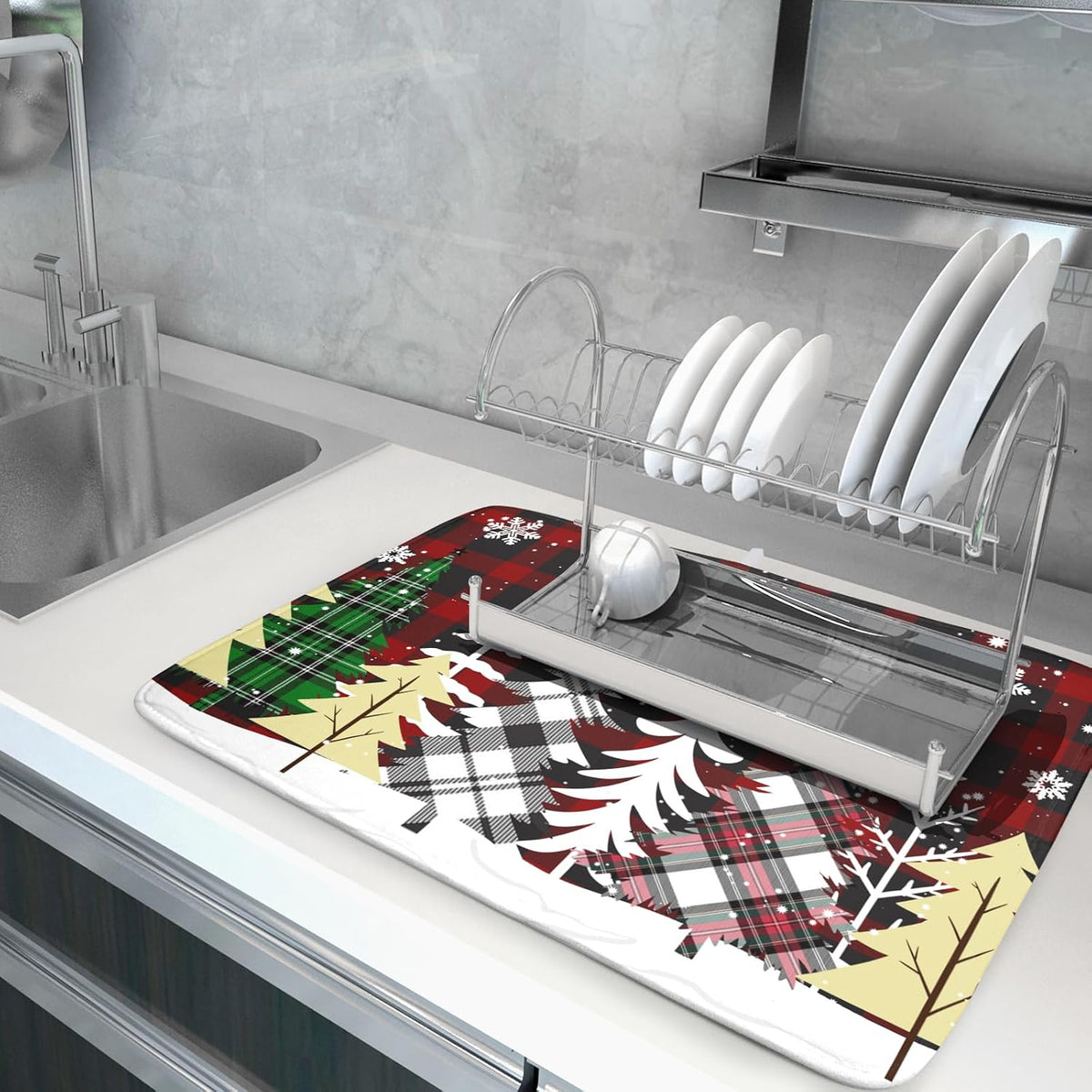 Christmas Dish Drying Mat for Kitchen Counter 16”x18” Christmas Tree Buffalo Plaid Dish Draining Mat Ultra Absorbent Microfiber Pad Holiday Mats Fast Drying Mat Table Protector for Countertop Bar