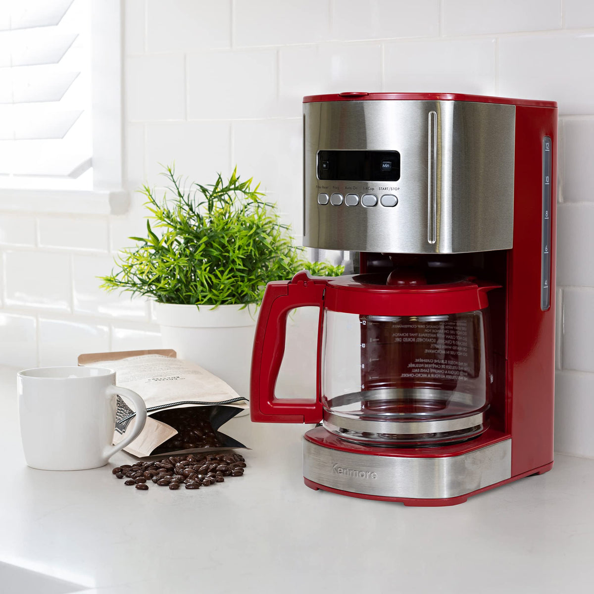 Koolatron Kenmore 12-Cup Coffee Maker, Glass Carafe, Cafetera Programable, Red
