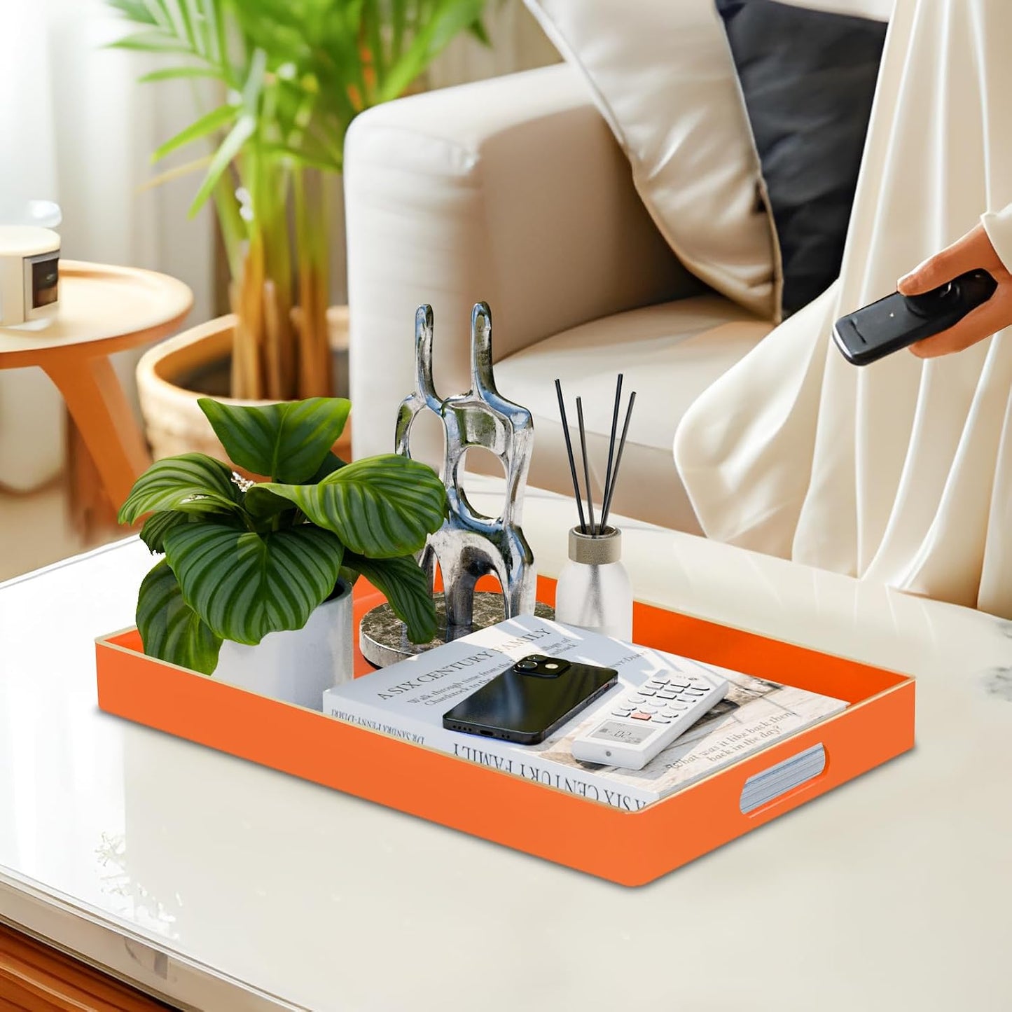 MAONAME Orange Decorative Tray for Coffee Table, Serving Tray with Handles | Plastic Melamine Tray, Modern Ottoman Tray, Rectangular Countertop Organizer Tray for Living Room, 15.8"L x 10.2"W x 1.4"H