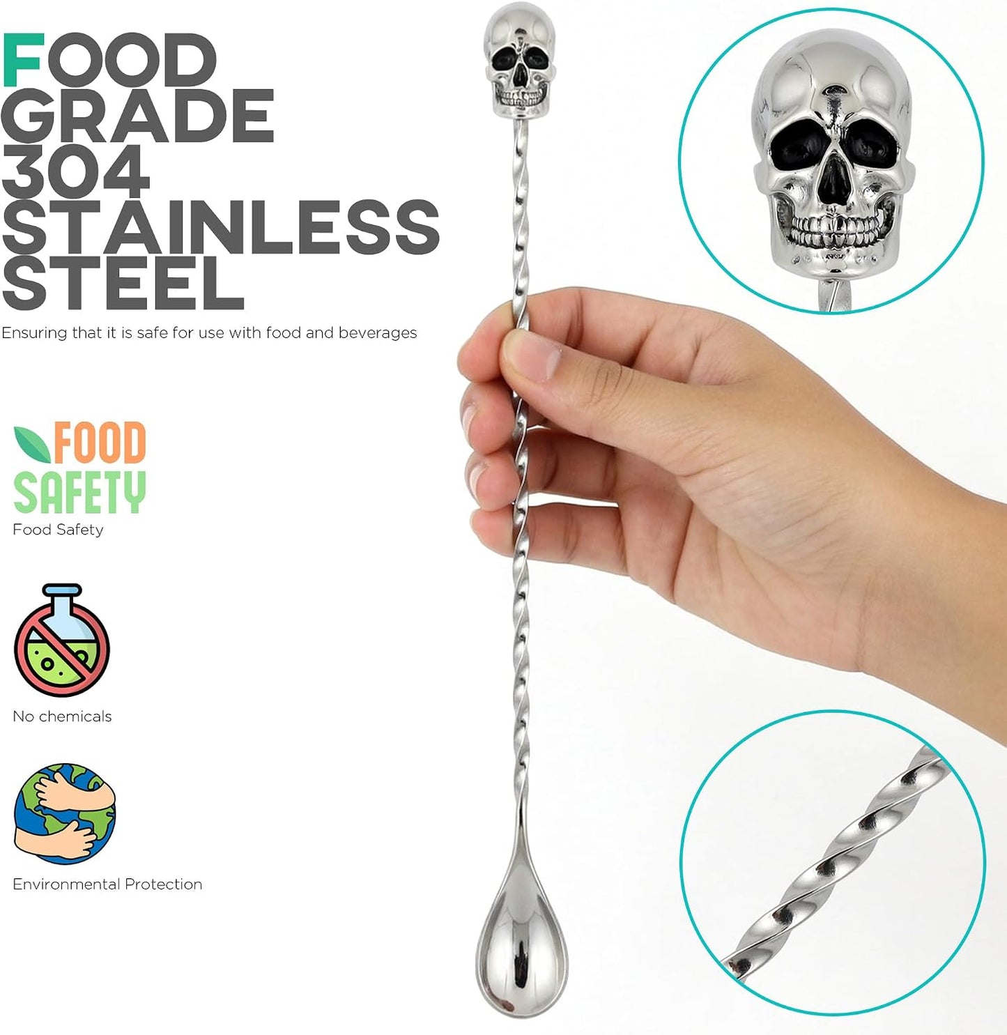 Homestia 12'' Gothic Skull Bar Spoon, Long Cocktail Mixing Spoon, Set of 2 | Dirty Soda Bar Supplies, Stainless Steel Coffee Bar Accessories, Halloween Drink Stirrers, Long Spiral Stirring Spoon