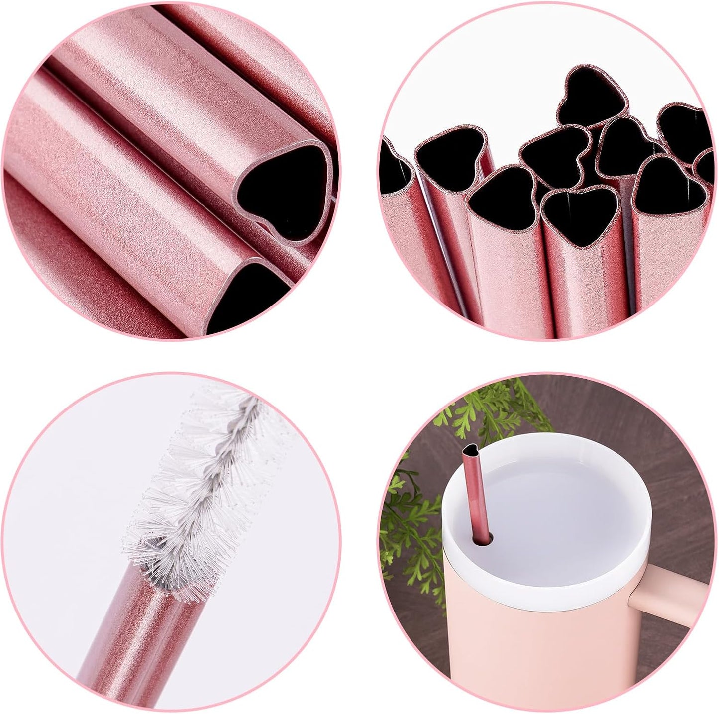 NiHome 12” Heart-Shaped Stainless Steel Straws Fit for Stanley Tumbler 40oz | 10-Pack Metal Straws with 2 Brushes for Holiday, Valentine’s Day, Reusable Drinking for Smoothie Milkshake (Pearl Pink)