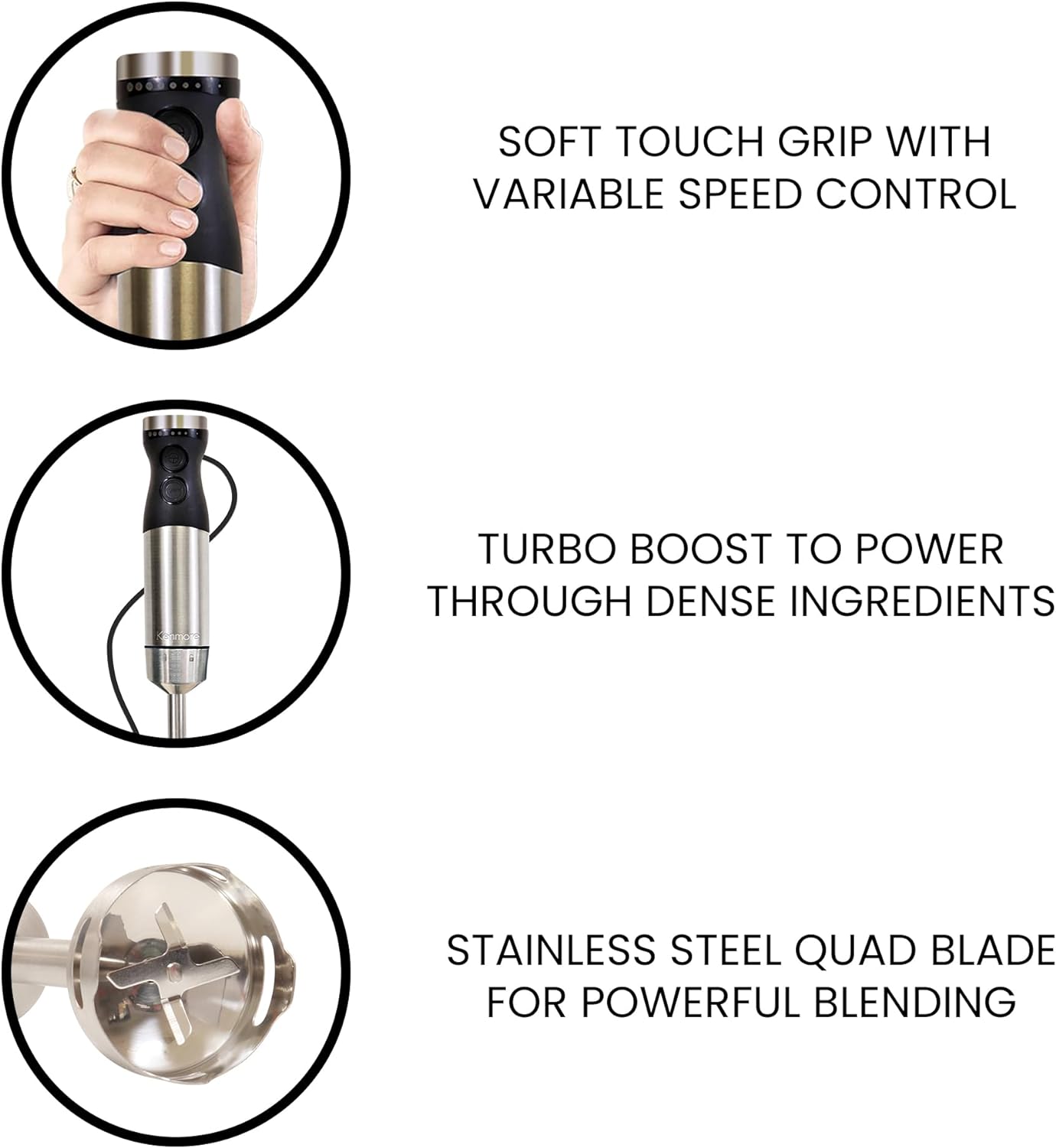 Kenmore Immersion Blender - Handheld Stick Mixer For Kitchen, Food Chopper, Whisk, Smoothie Milkshake Maker, Blend Baby Food, Protein Shake, Puree, Batidora De Inmersión Stainless Steel Blade, Black