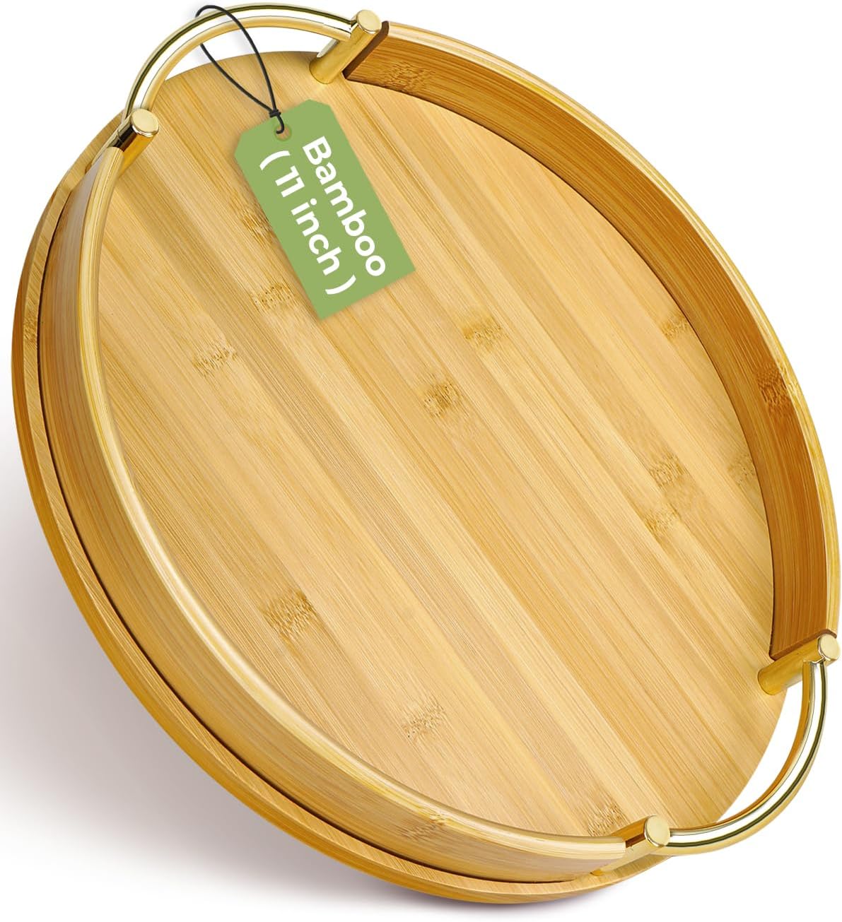 JUPELI 11.8″ Round Bamboo Serving Tray with Handles – Decorative Tray, Breakfast Tray, Coffee Table Tray, Ottoman Tray, Kitchen Platter for Drinks, Snacks, Vanity, Home Decor &amp; Gifts