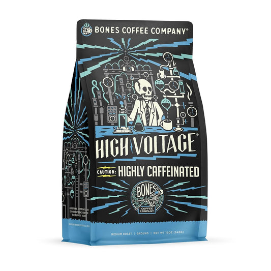 Bones Coffee Company High Voltage, Highly Caffeinated Unflavored Coffee, Medium Roast Low Acid Arabica Beans Compatible with