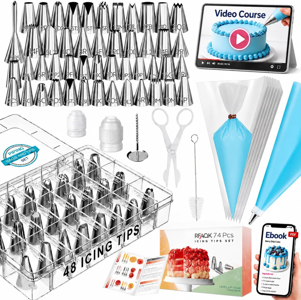 RFAQK 74PCs Icing Piping Bags and Tips Set, Cake Decorating Kit with 48-Numbered Piping Tips, 12inch Anti Burst Pastry Bags, Booklet, E-book &amp; Complete Video Course for Cookie Cupcake Cake Decoration