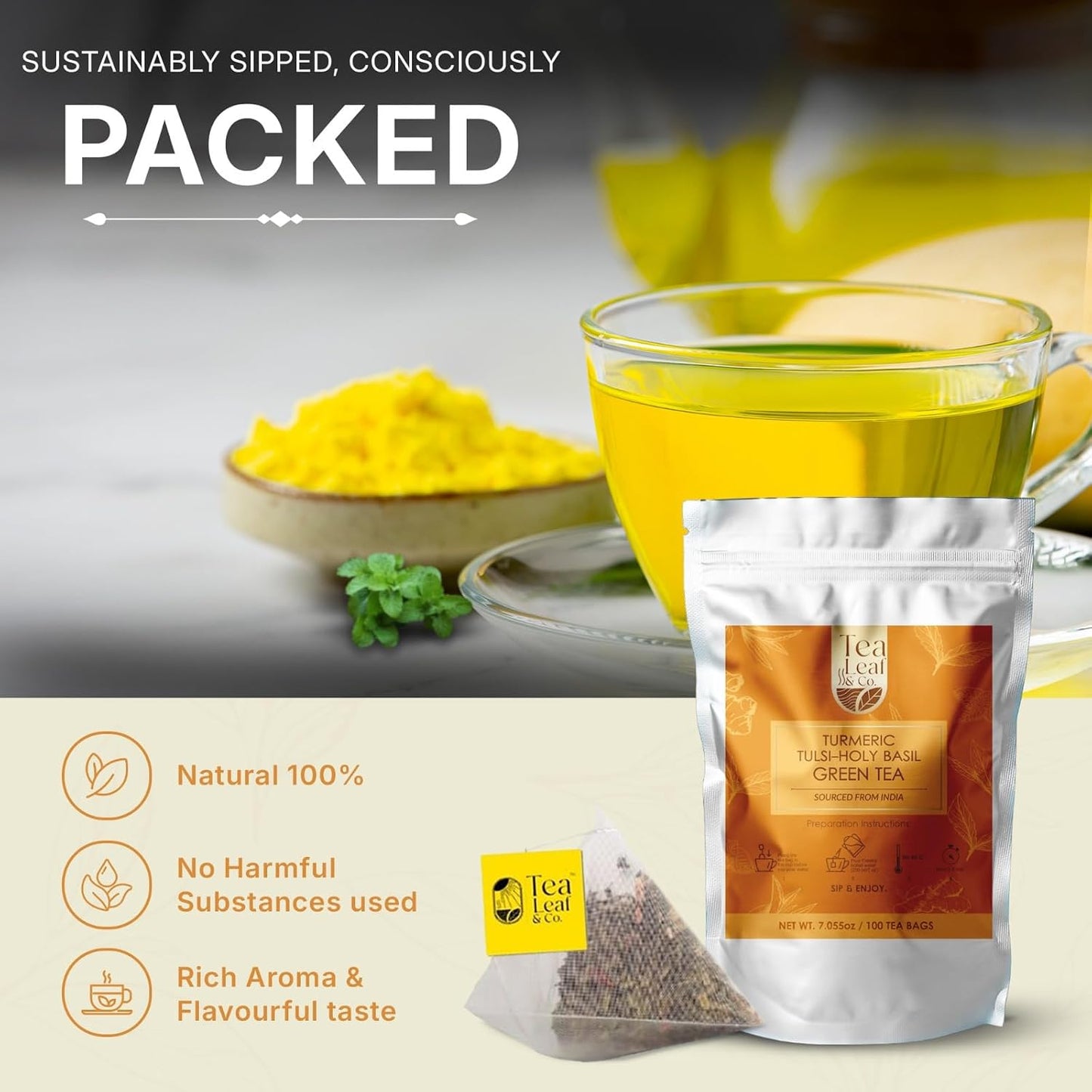 Turmeric Tulsi Green Tea 200gm/7oz, Natural Herbal Infusion, 100 Tea Bags
