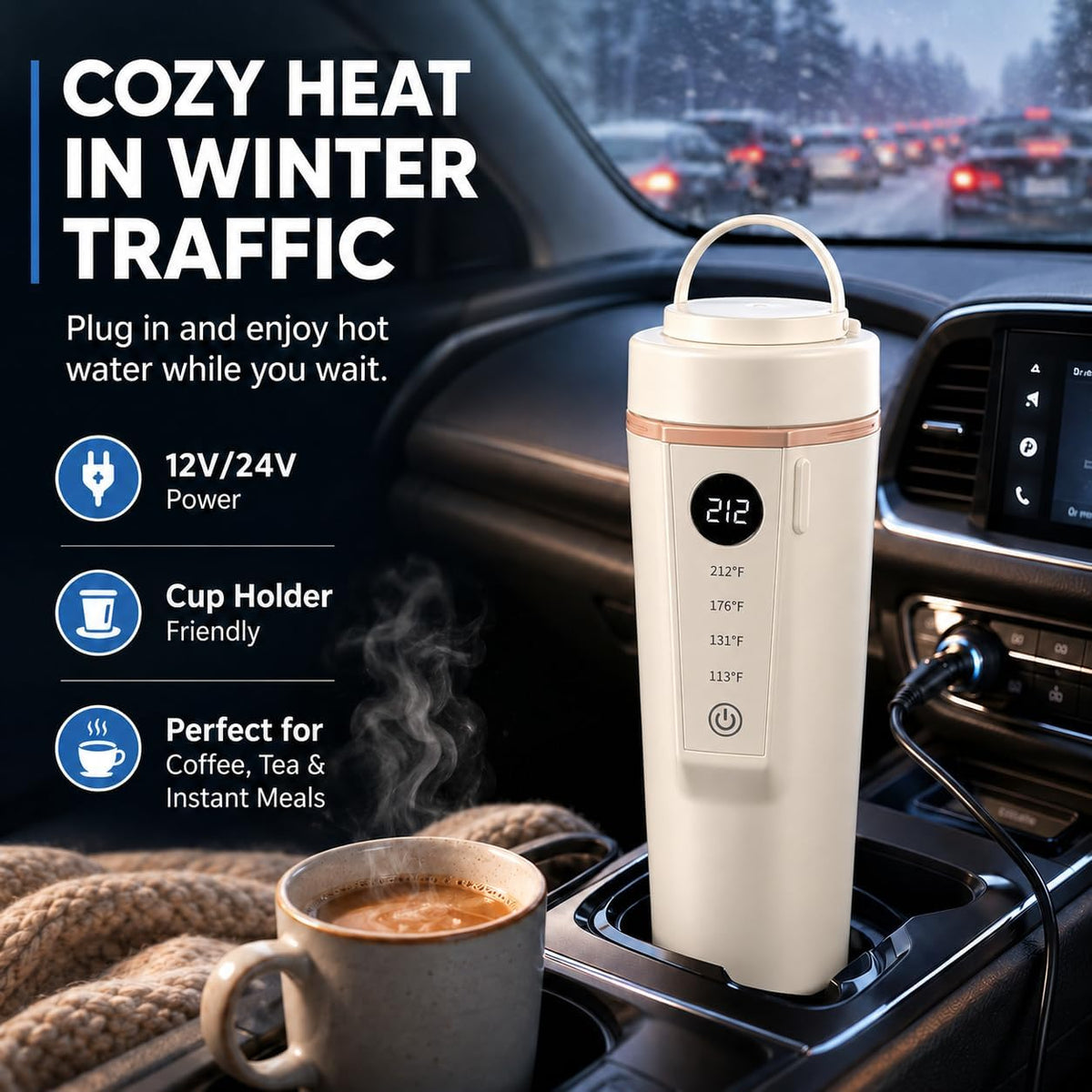 Car Electric Kettle 12V/24V Dual Voltage, Portable Travel Electric Kettle for Road Trips, Mini Small Water Boiler with 4 Temp Control, 316 Stainless Steel,16oz(Beige)