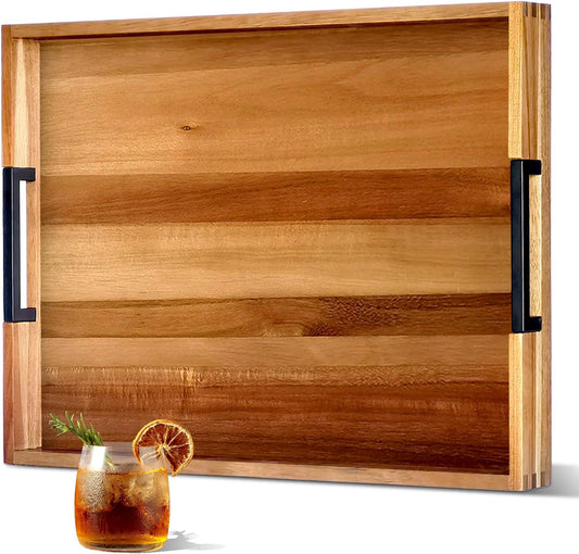 22-in Acacia Wooden Serving Tray with Black Metal Handles | Large Decorative Wooden Tray for Living Room Kitchen Coffee Table Couch Bed