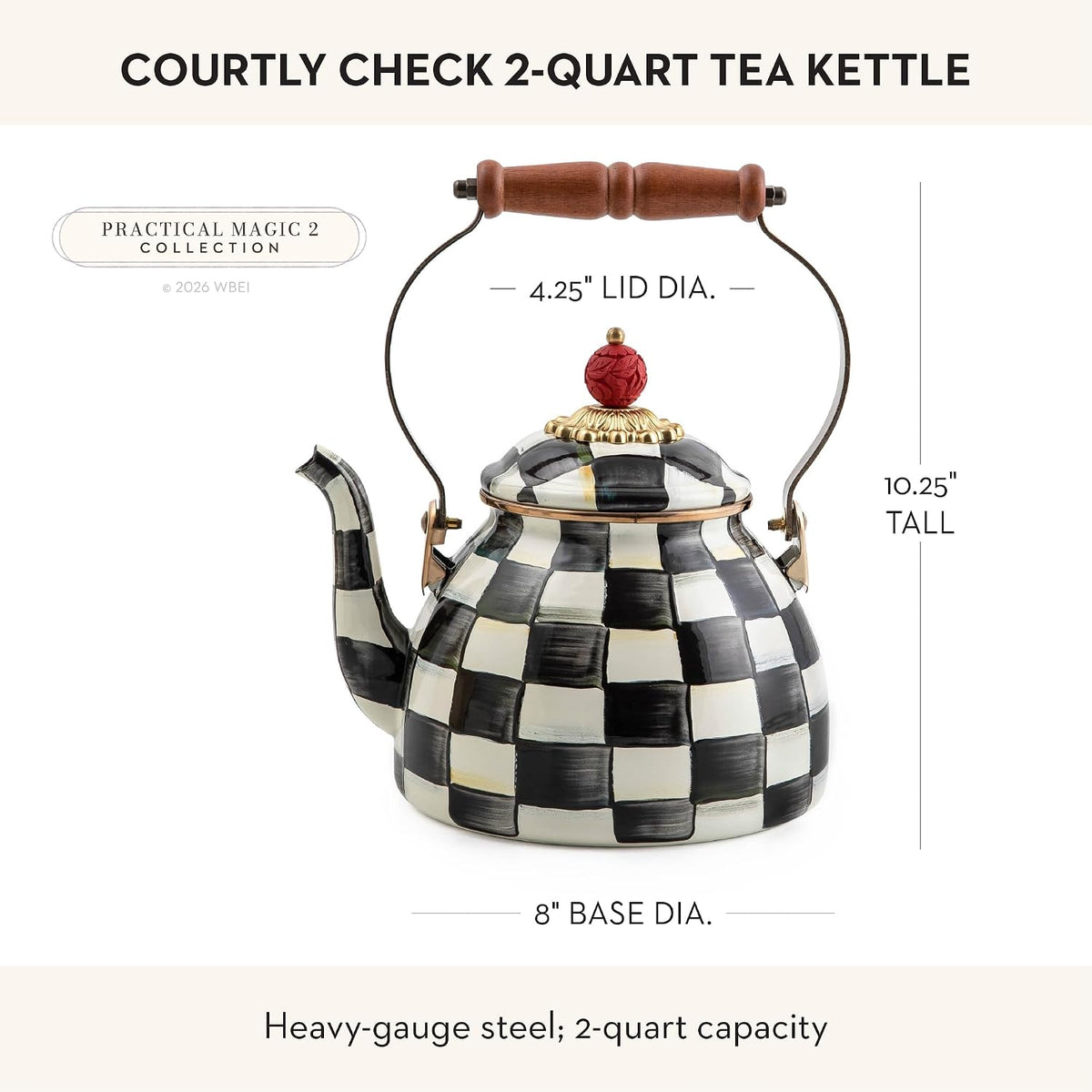 MACKENZIE-CHILDS Tea Kettle, 2 Quarts, Black-and-White Courtly Check