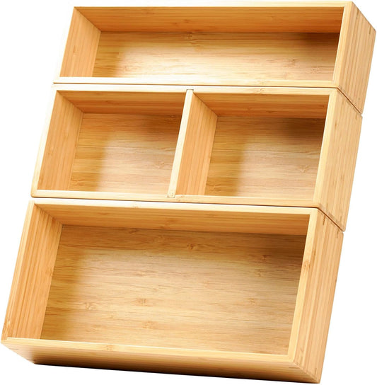 Umilife Drawer Organizer Storage Boxes, 2.5" High Bamboo Drawer Dividers, 3 Rearrangeable Bins for Kitchen, Office Desktop,