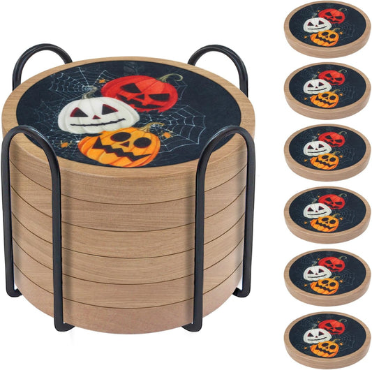 Halloween Coasters Set of 6, Pumpkins Coaster, Minacun Black Absorbent Coasters with Holder Halloween Thanksgiving Themed