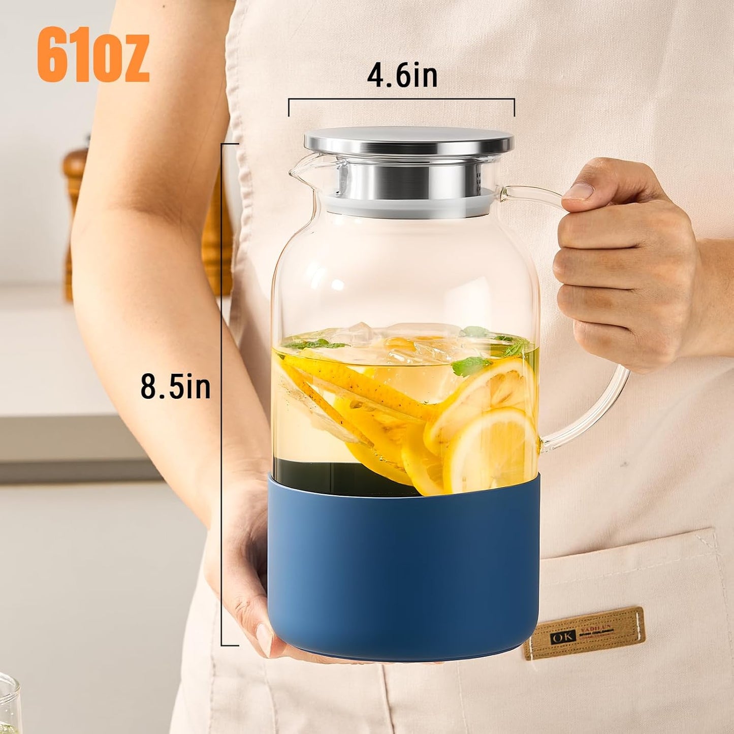 PARACITY Glass Pitcher with Lid, 61oz Water Jug Handle, Blue Silicone Base | Borosilicate carafe has dual pour ports, wide mouth and removable silicone sleeve for hot or cold juice, milk and iced tea