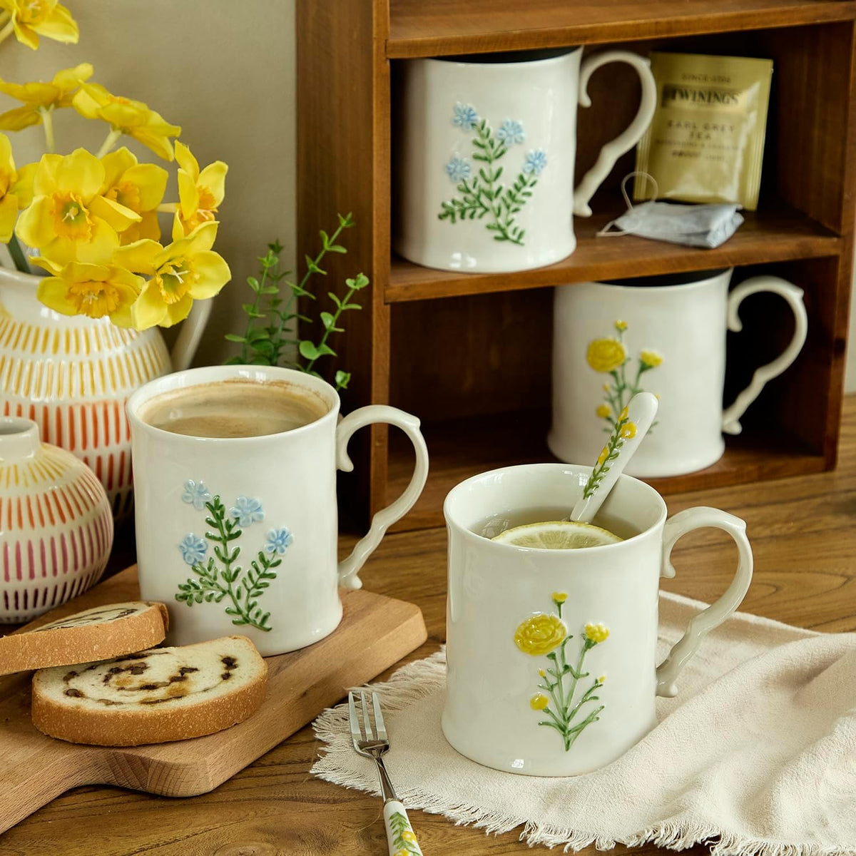 2 Pack Floral Ceramic Coffee Mugs - Yellow and Blue Flowers, Hand-Painted, Microwave &amp; Dishwasher Safe, Ideal for Cappuccino, Tea, Hot Chocolate