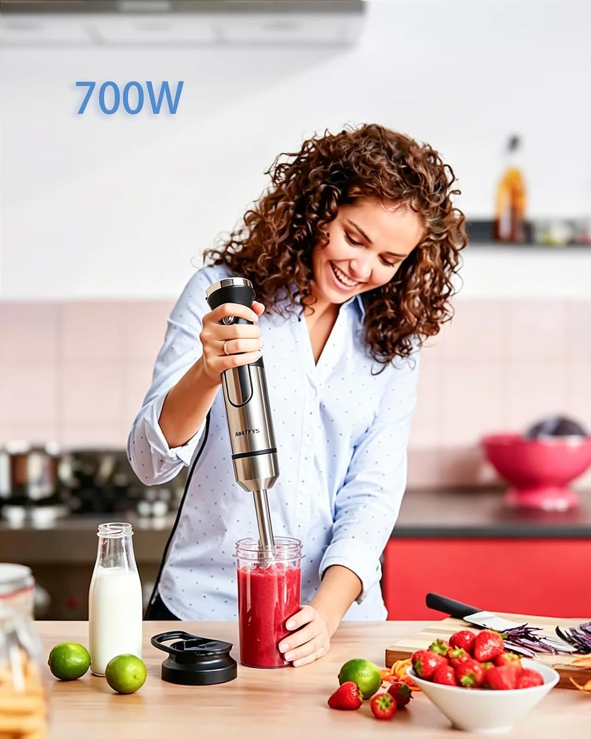 Amateys Handblender with Plug,Immersion Blender Handheld, Heavy-Duty Copper Motor, Detachable Stainless Blade Dishwasher Safe, 2 Modes with Pulse,Infinitely Variable Speed, Space-Saving Design