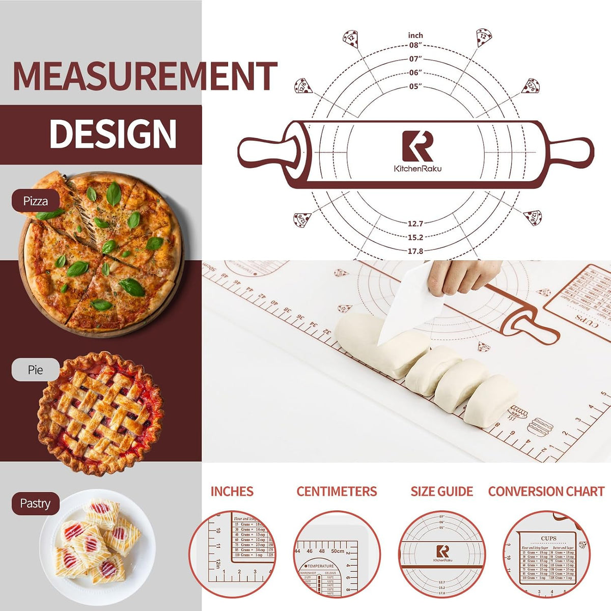 Silicone Baking Mat 16"L x 24"W, Extra Thick Dough Rolling Pad with Measurements and Edge Heightening, Non-stick Food Grade Silicone Pastry Mat for Pastry, Bread, Cookies (Transparent)