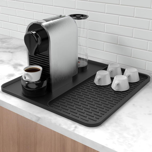 Silicone Coffee Mat,16''x16'' Coffee Bar Mat with Detachable Dish Drying Mat for Kitchen Countertops,Coffee Bar Accessories