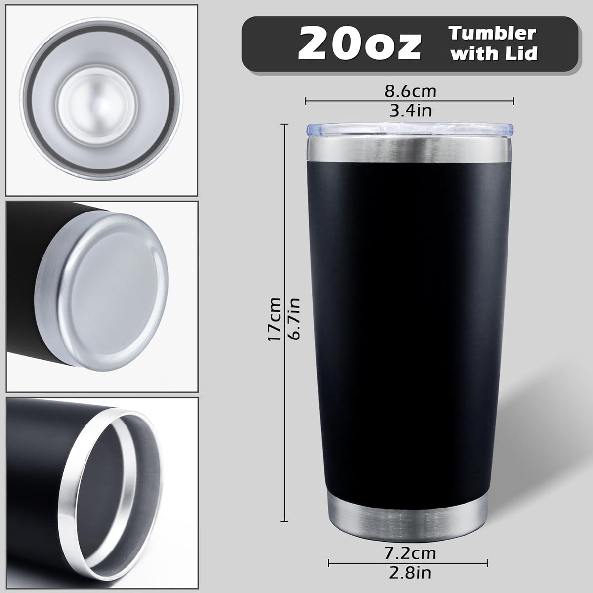 20oz Tumbler Bulk Stainless Steel Tumblers with Lid Vacuum Insulated Double Wall Travel Coffee Mug Powder Coated Tumbler Cup for Hot and Cold Drinks(Black, 6 pack)