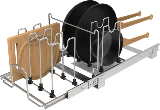 Pots and Pans Pull Out Organizer Under Cabinet, Adjustable Slide Out Pan and Pot Lid Rack Holder, Wire Dividers Kitchen