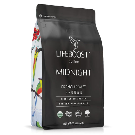 Lifeboost Midnight French Roast Coffee Ground - Non-GMO Single Origin USDA Organic Low Acid Coffee French Roast - Third