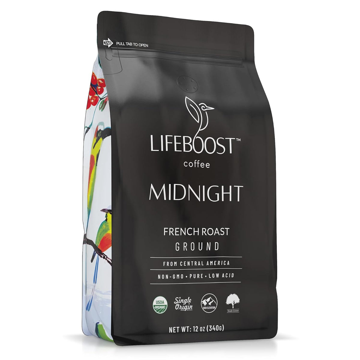 Lifeboost Midnight French Roast Coffee Ground - Non-GMO Single Origin USDA Organic Low Acid Coffee French Roast - Third Party Tested For Mycotoxins &amp; Pesticides - 12 Ounces
