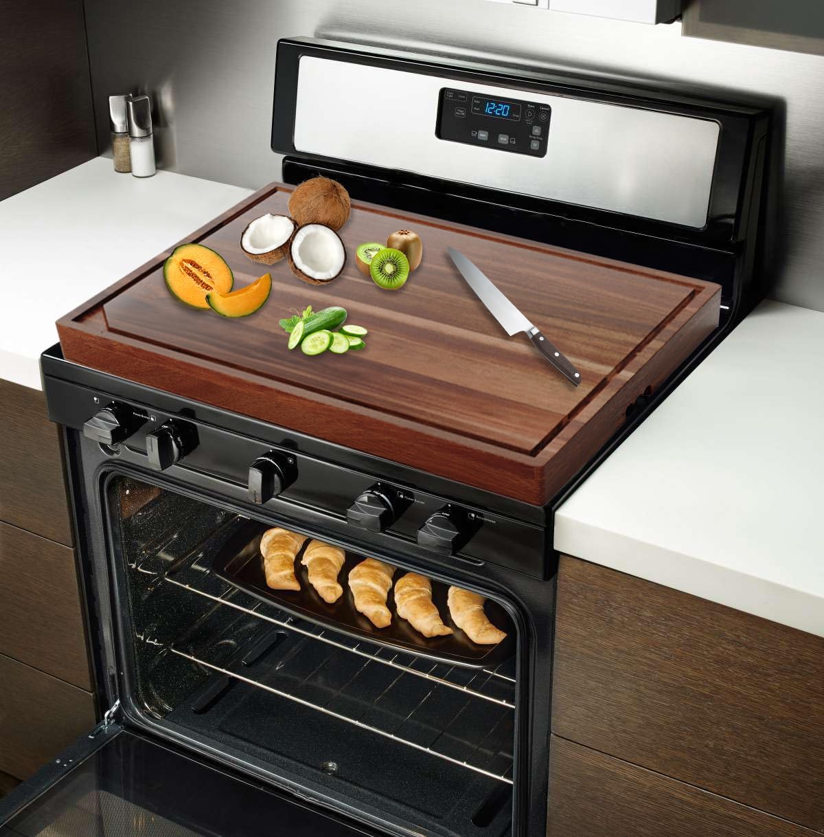 Acacia Stove Top Cover for Gas Burners &amp; Electric Stove, Noodle Board Stove Cover with Wavy Handles, Wooden Stovetop Cutting Board with Juice Grooves, Serving Tray 30"L x 22"W x 2.5"H