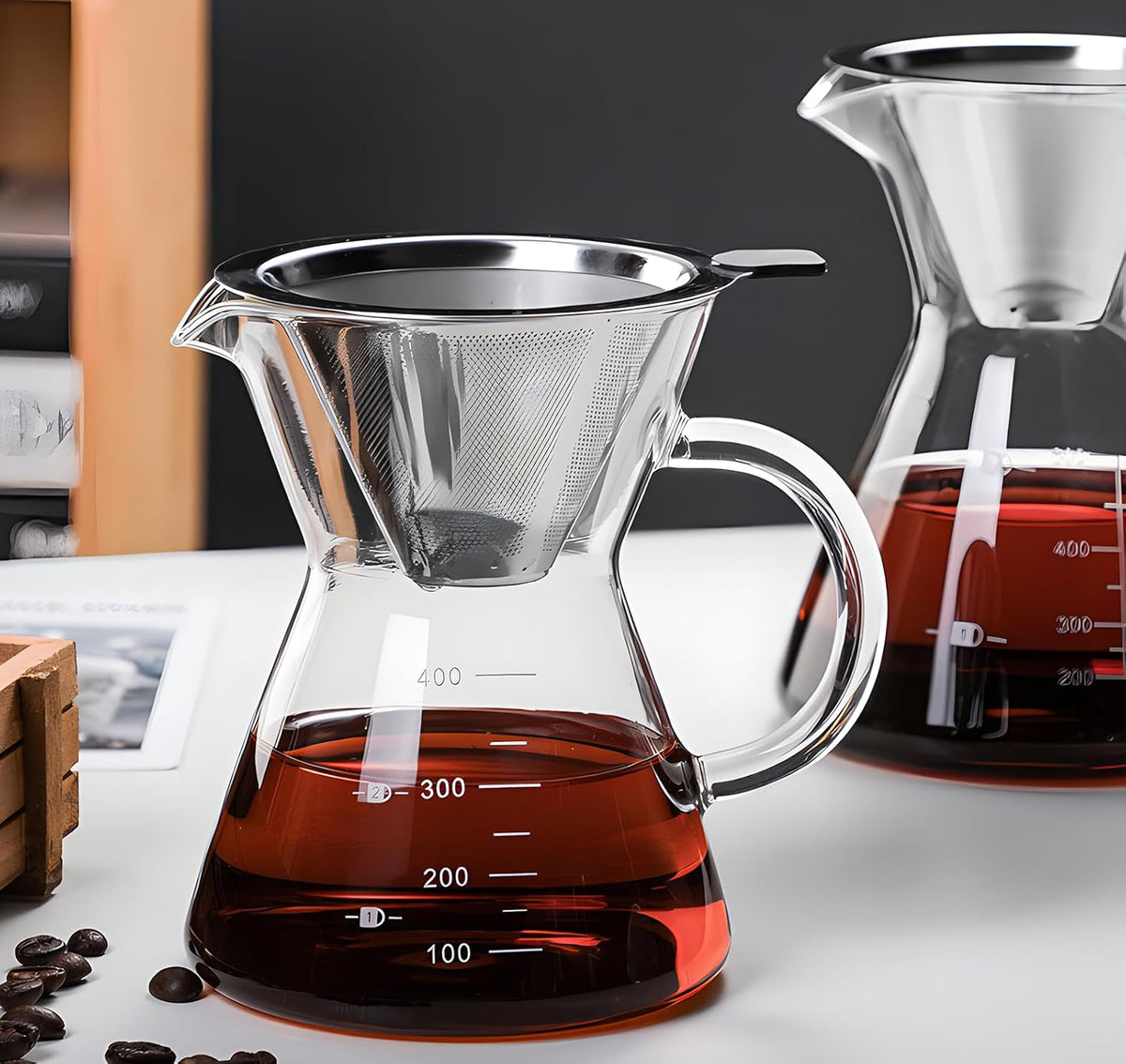 Pour Over Coffee Maker with Reusable Stainless Steel Drip Filter, Glass Drip Coffee Maker Set, Lead-Free Borosilicate Glass Coffee Carafe for 1-2Cup, Clear (400ml/13.5oz)