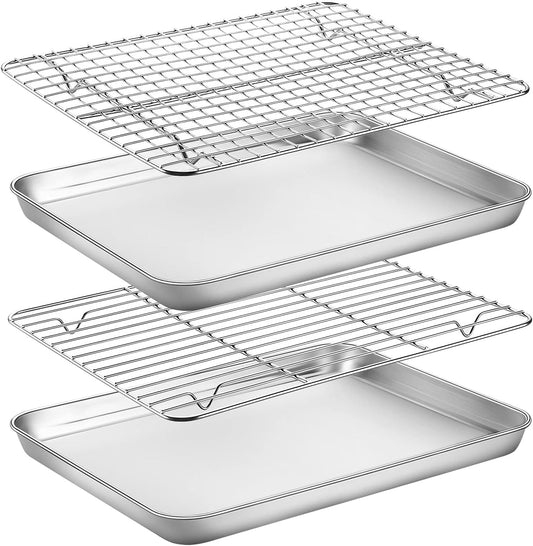 Stainless Steel Baking Sheet Cookie Sheet Pan with Cooling Rack Set of 4 | Baking Pan Cookie Pan with Rack for oven, Size 12.36 x 9.61 x 1 Inch Mirror Finish Easy Clean Dishwasher Safe(2 Pans+2 Racks)
