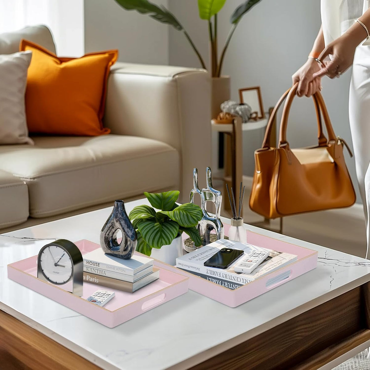 MAONAME Pink Serving Tray with Handles, Plastic Decorative Tray Set of 2 | Pink Decorative Tray for Coffee Table, Modern Ottoman Tray, Rectangle Melamine Tray for Living Room, 15.8"L x 10.2"W x 1.4"H