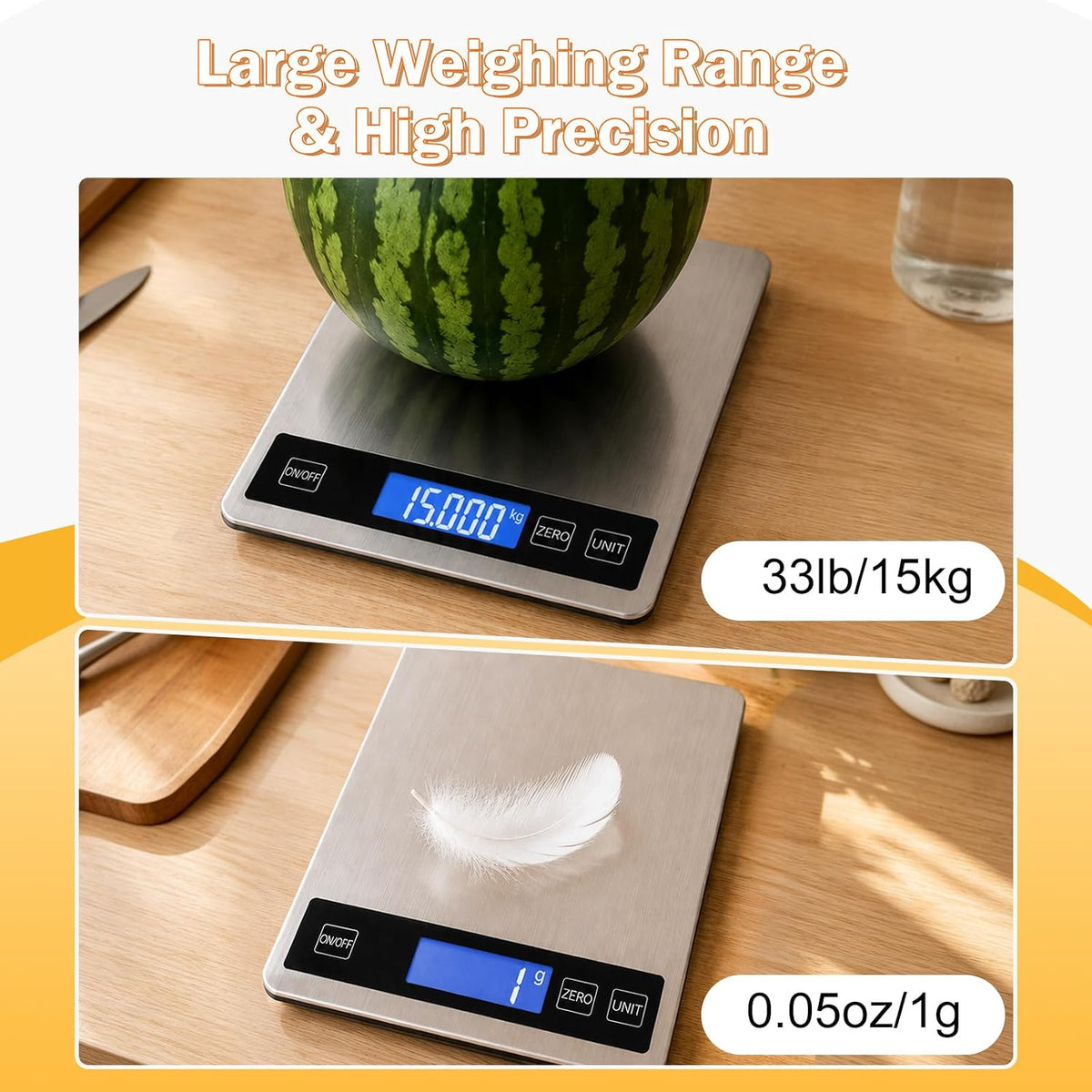 33lb Food Scale, Digital Kitchen Scale for Cooking Baking | Waterproof Stainless Steel Platform, USB Charging &amp; Battery Dual Power, Weighs in Grams and Ounces