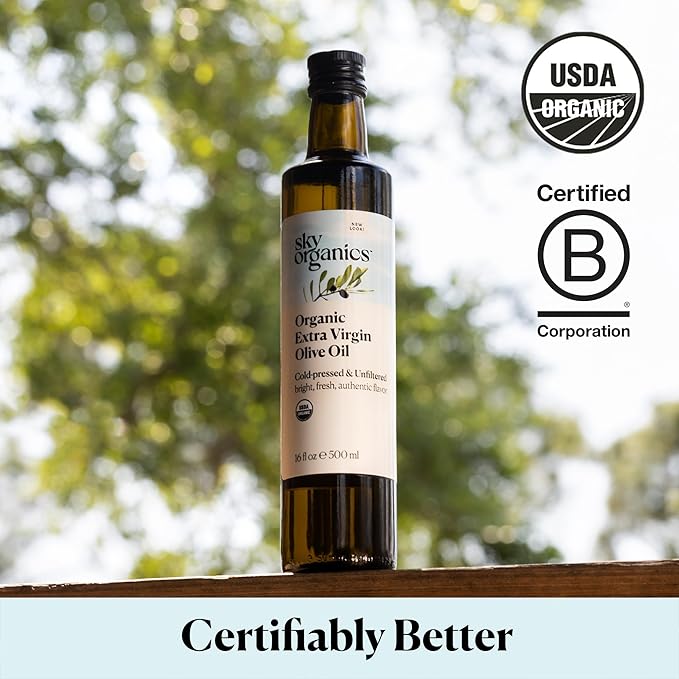 Sky Organics - Organic Extra Virgin Olive Oil, 16 fl oz - Cold Pressed & Unfiltered - Bright, Fresh, Authentic Flavor - Sourced from Farmers in Greece - 100% Pure - Kosher - Natural, Vegan, & Soy Free