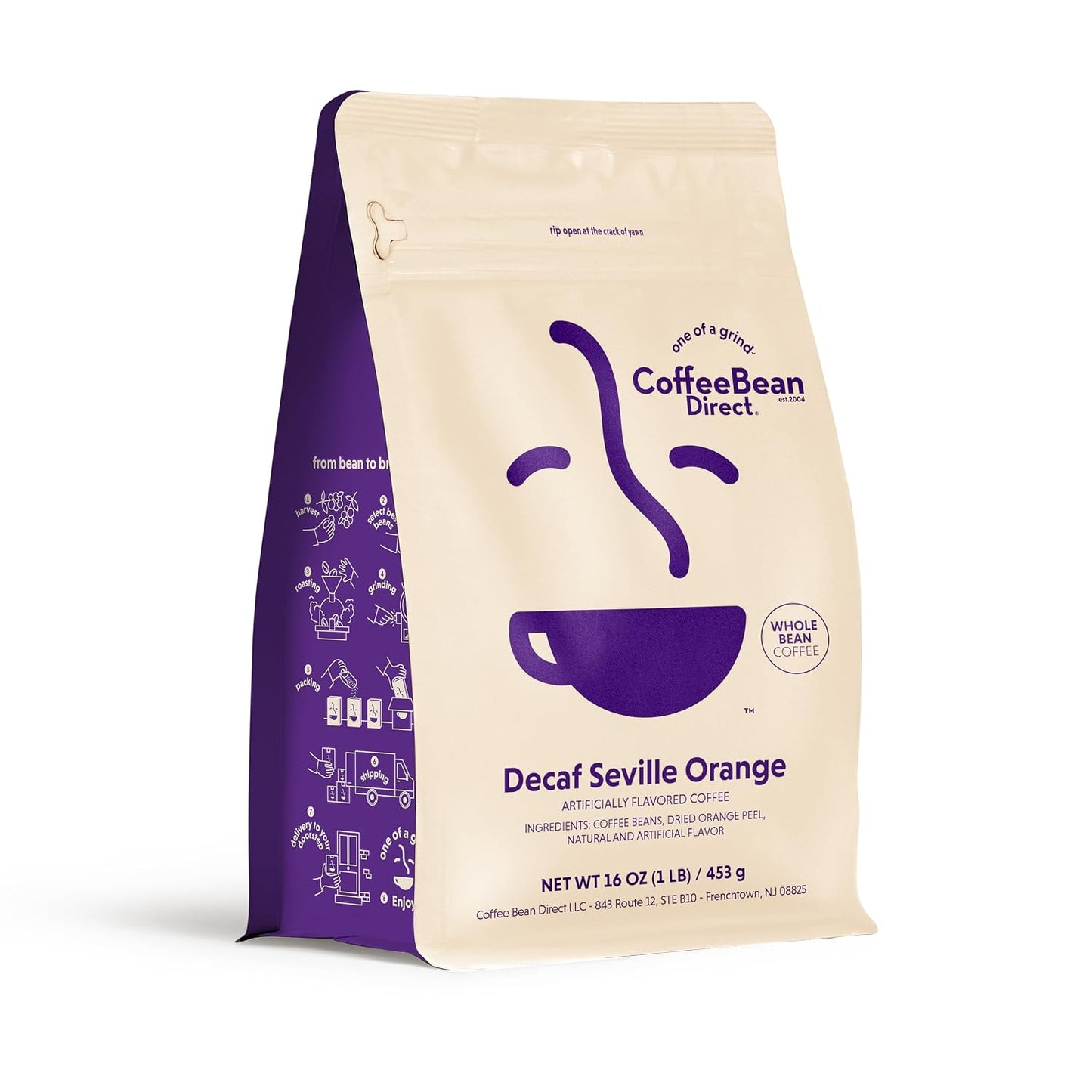 Coffee Bean Direct Decaf Seville Orange Flavored, Whole Bean, 1lb Bag | Light Roast, Zesty &amp; Vibrant Flavored Cofffee Beans, Decaffeinated