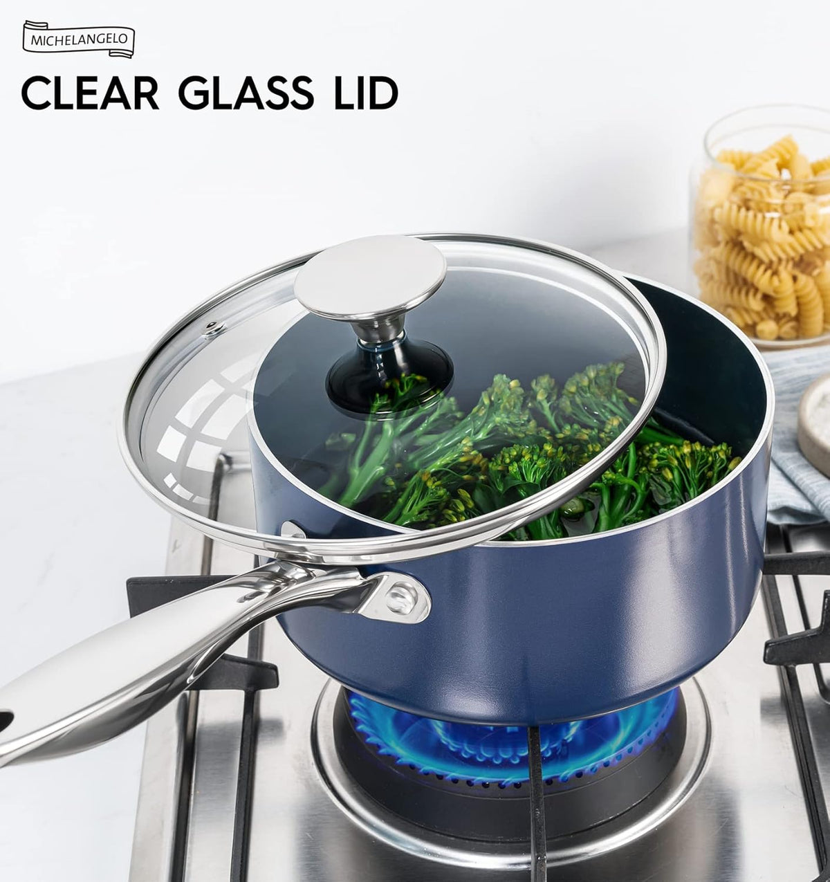 MICHELANGELO Saucepan Set, 1Qt & 2Qt Ceramic Sauce Pan with Lid, Nonstick Saucepans with Lids, Small Pot with Stainless Steel Handle, Oven Safe, Blue
