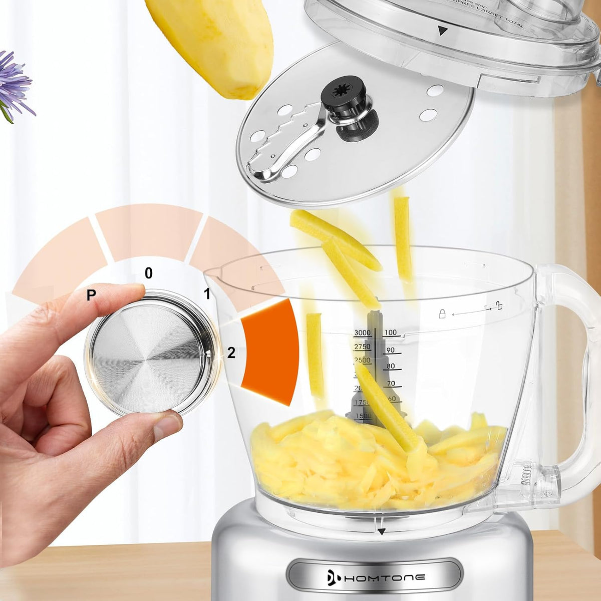 Homtone 16 Cup Food Processor, 6 Preset Modes& Stepless Speed Control for Dough Kneading, Meat Chopping, Slicing, Shredding, French Fries Potato Cuting, Cheese Grating& Whipping Cream, 650W, Red