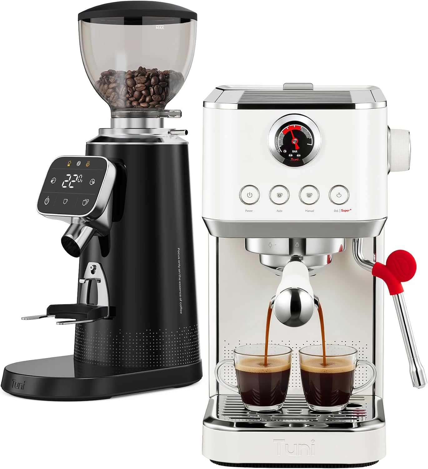 Tuni E2 Gen3 Espresso Machine with G3 64mm Flat Burr Coffee Grinder, Black | Dual Boiler, 20Bar ULKA Pump, Super+ Steam Power, PID NTC Temp Control, 100 Grind Settings, Anti-Static Tech, Single Dose