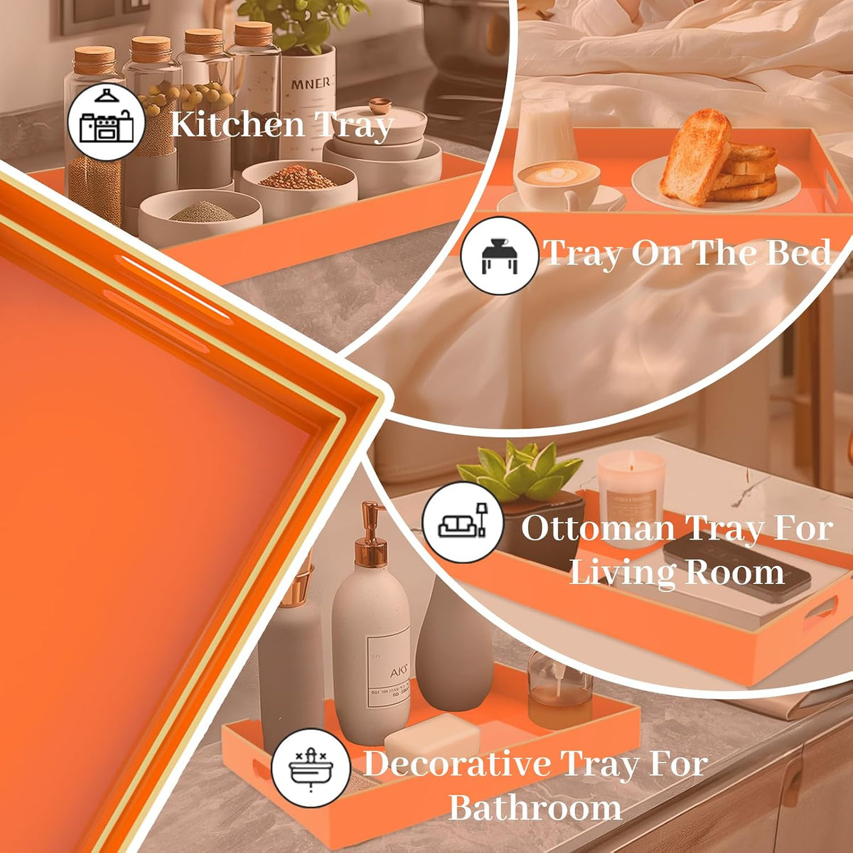 MAONAME Orange Serving Tray with Handles, Plastic Decorative Tray Set of 2 | Decorative Tray for Coffee Table, Modern Ottoman Tray, Rectangle Melamine Tray for Living Room, 15.8"L x 10.2"W x 1.4"H